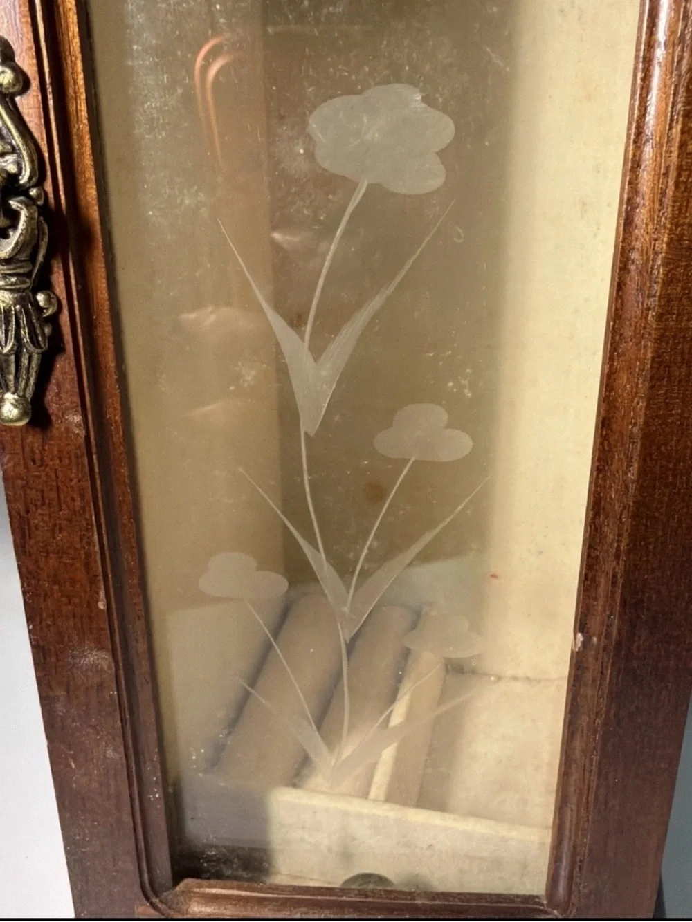 Wood-Finish Brown Jewelry Cabinet with Etched Glass Door